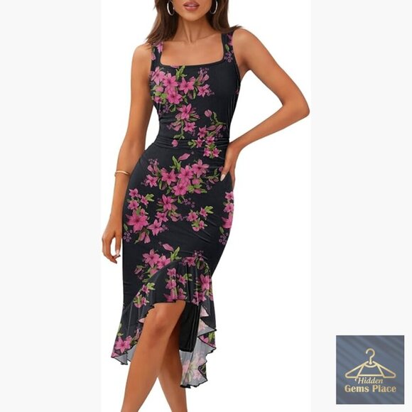 Dresses & Skirts - Floral Bodycon Midi Dress Sleeveless Square Neck Ruffle Cocktail